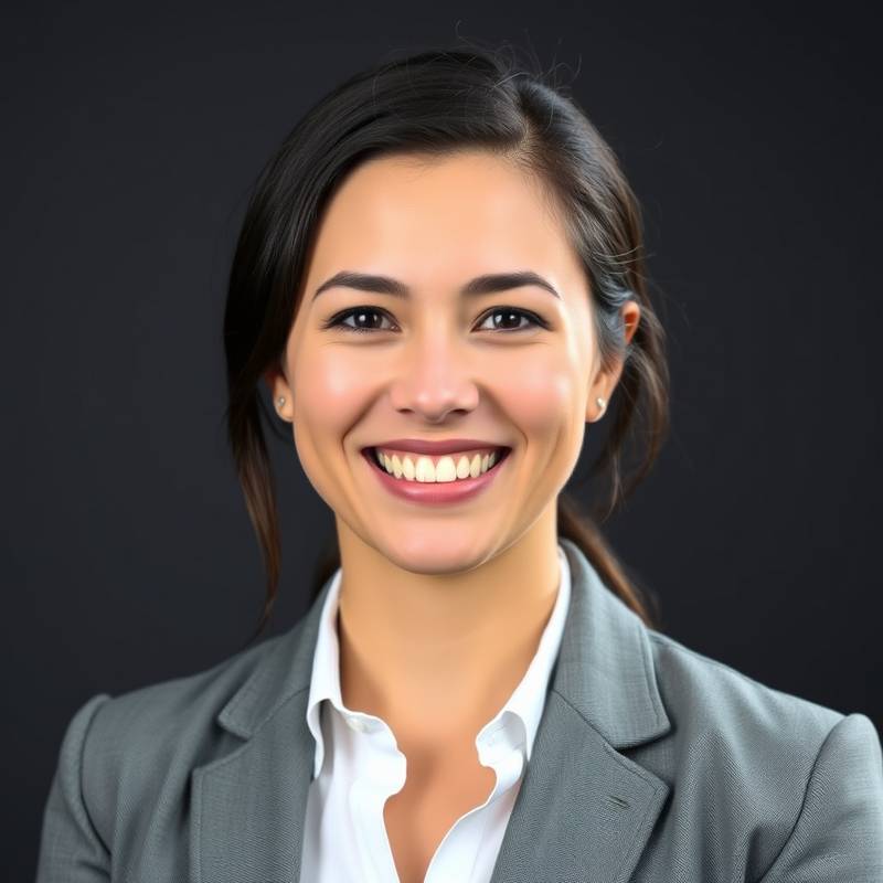Portrait d'Élodie Girard, responsable marketing digital chez Studio Lumière, souriant chaleureusement et portant une veste blazer grise.
